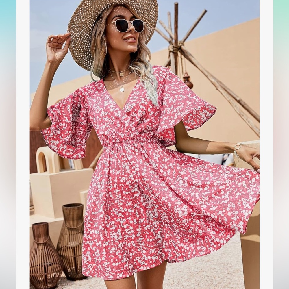 Floerns Rouge Red v neck Summer ditsy floral Dress size L